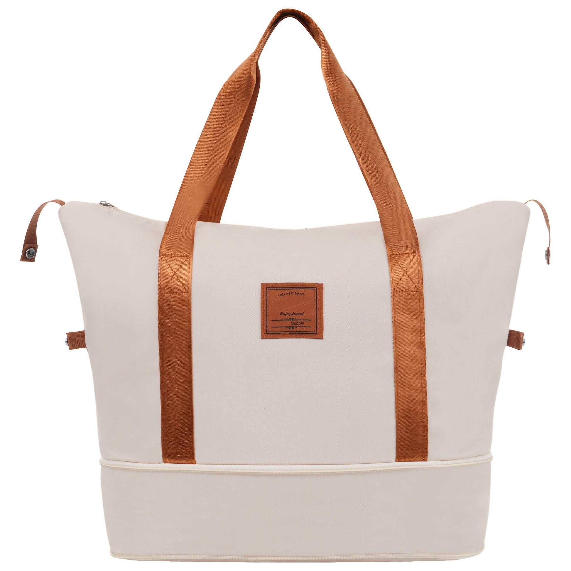 HouseOfZazla white tote bag with tan webbing straps, front label patch on Tampa Home & Garden Store