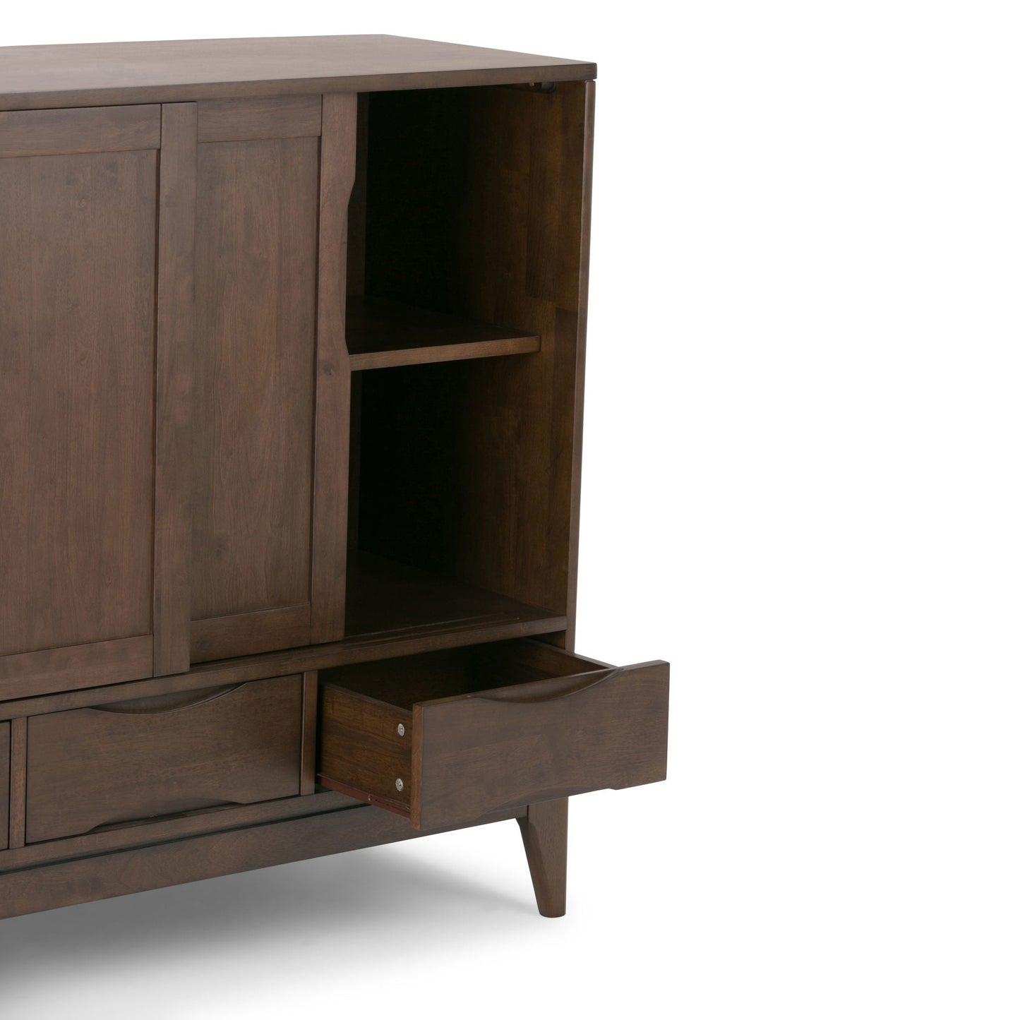 Harper Handcrafted Medium Storage Cabinet in dark brown wood with open shelf and drawer on Tampa Home & Garden Store