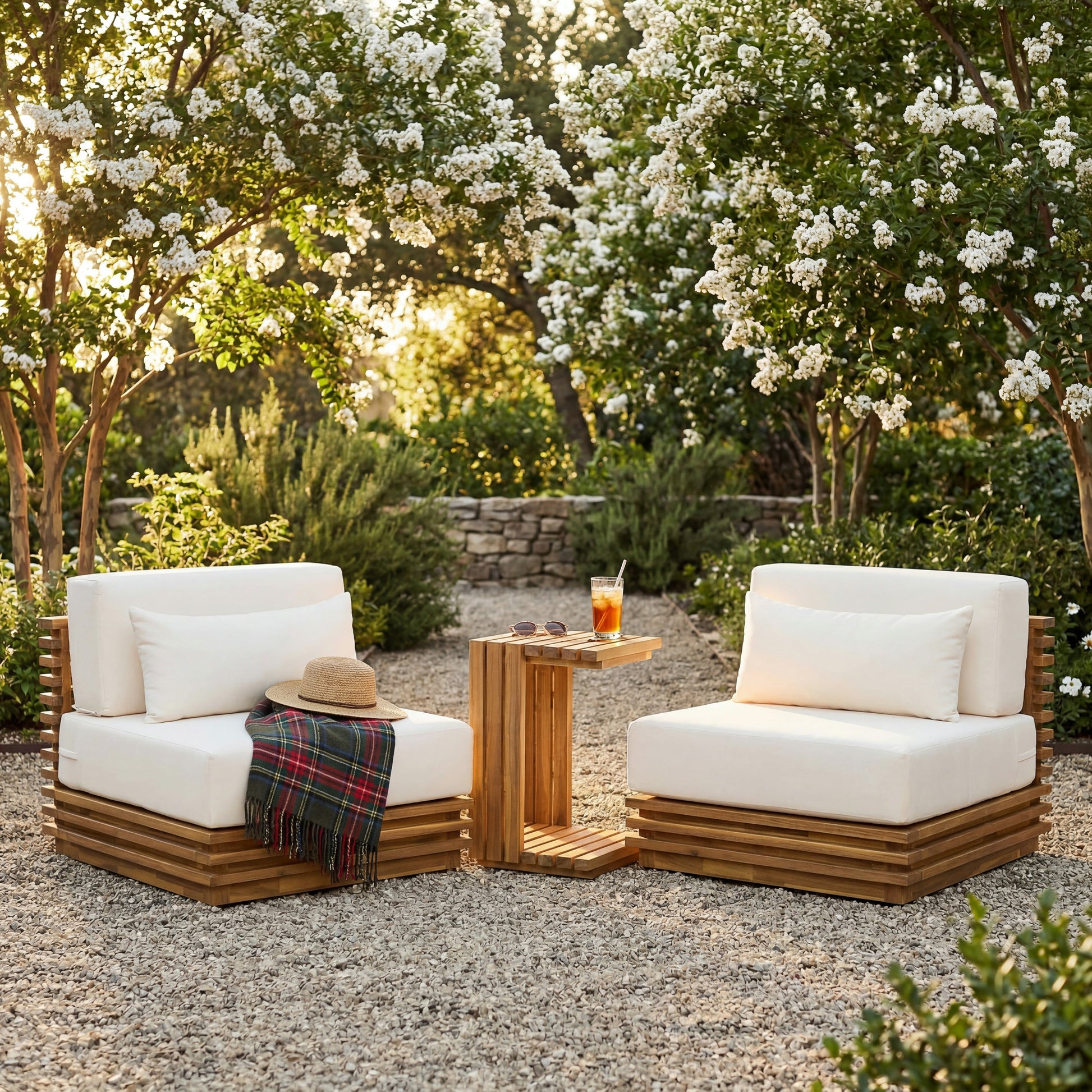 Oversized outdoor 3-piece chat set with two club chairs and side table white cushions on Tampa Home & Garden Store
