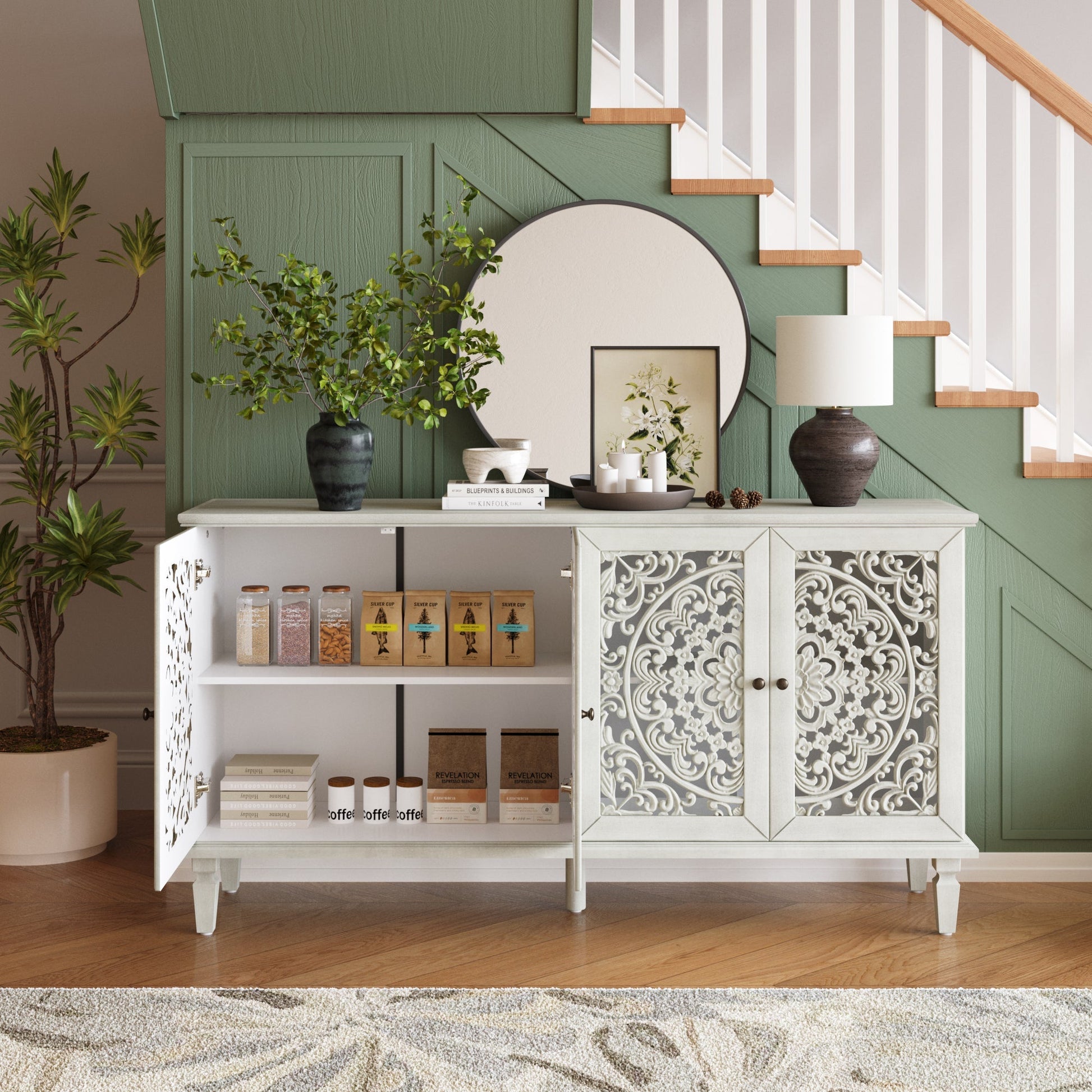 60in Antique Buffet Cabinet with floral carvings and solid wood legs by HouseOfZazla on Tampa Home & Garden Store