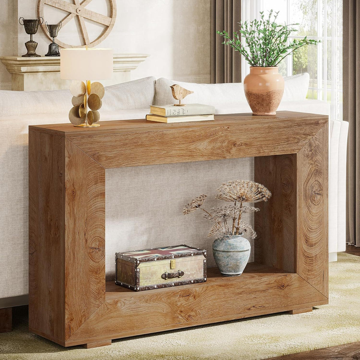 Narrow entryway console table with open shelf natural wood finish, HouseOfZazla, lamp and vase on Tampa Home & Garden Store