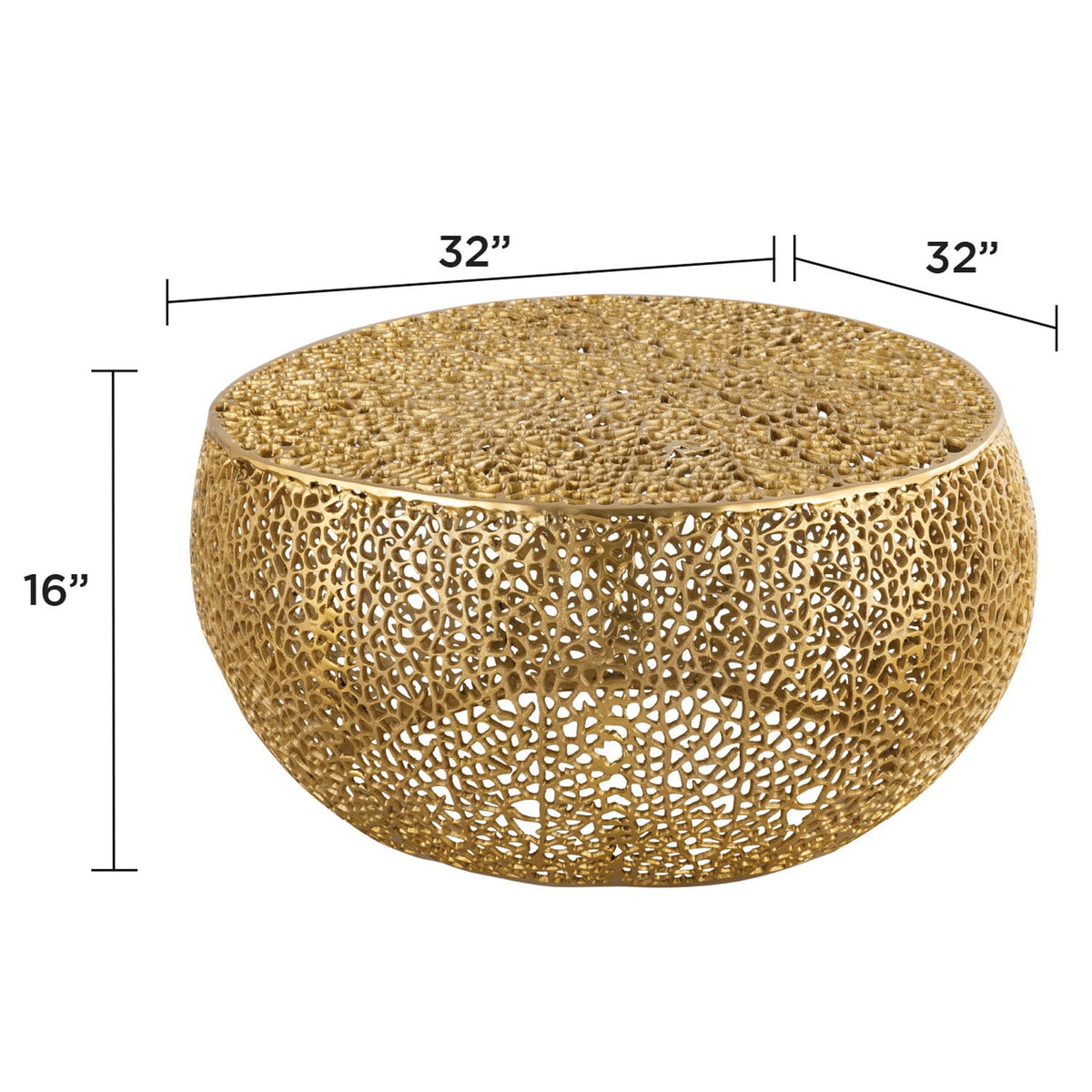Round gold aluminum coffee table with perforated lattice design, 32in diameter, 16in tall on Tampa Home & Garden Store