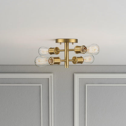 Ephemeral 4-light semi-flush ceiling mount in antique brass with clear glass tubes on Tampa Home & Garden Store