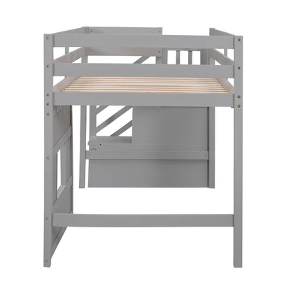 Gray loft bed with slatted base and built-in storage copper hardware on posts on Tampa Home & Garden Store