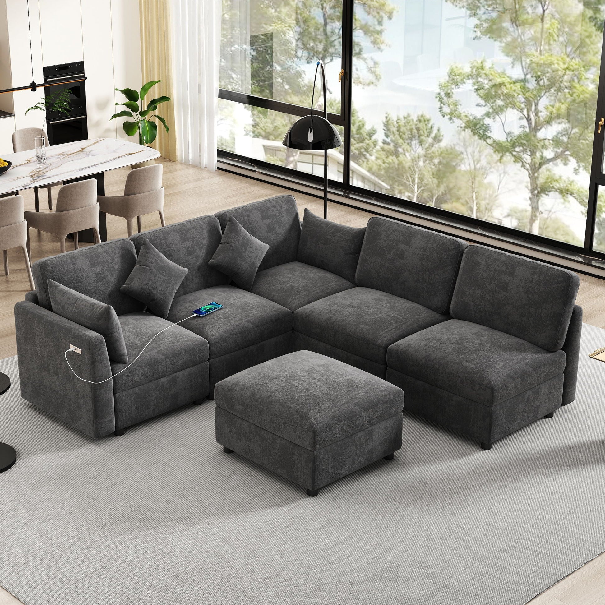 Sectional U-shaped sofa with ottoman and USB ports in charcoal gray fabric by HouseOfZazla on Tampa Home & Garden Store