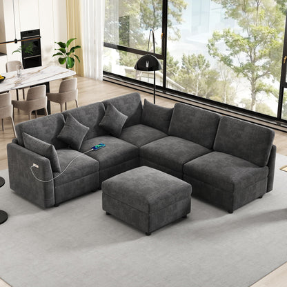 Sectional U-shaped sofa with ottoman and USB ports in charcoal gray fabric by HouseOfZazla on Tampa Home & Garden Store