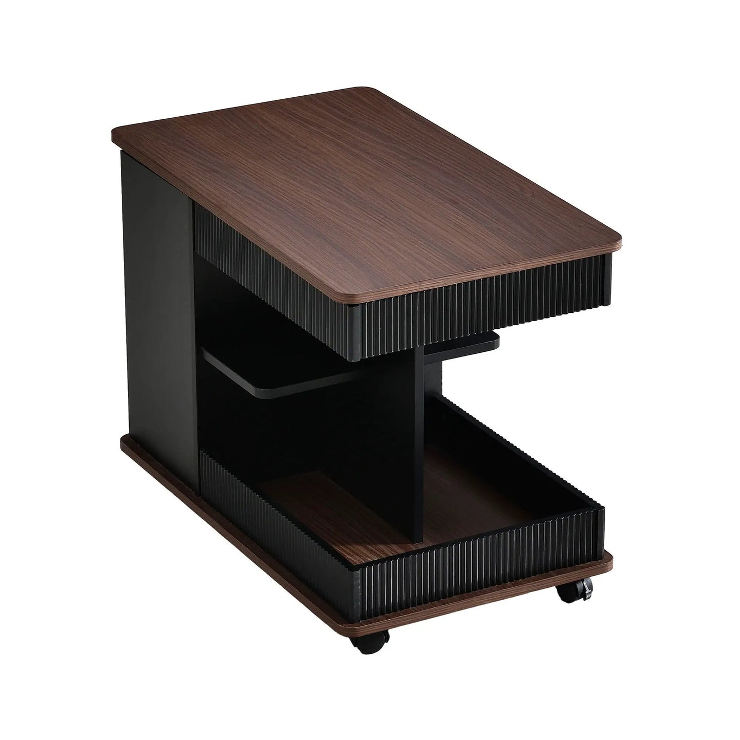 Adjustable End Table With Wheels 360-degree top wood veneer black ribbed base with storage shelf on Tampa Home & Garden Store