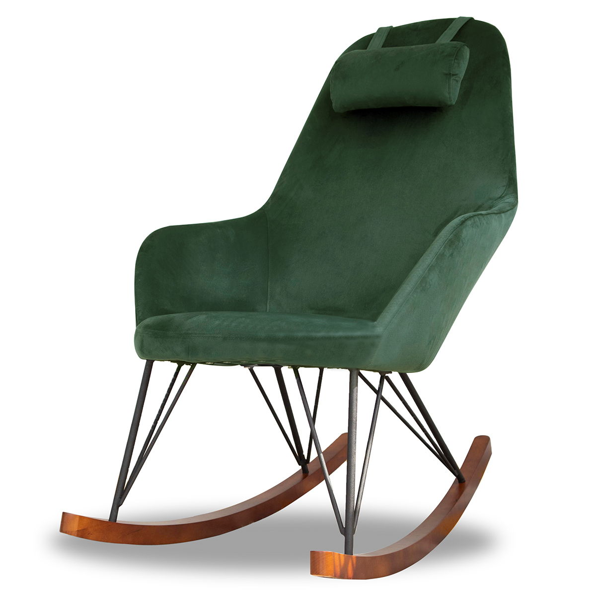 Chloe mid-century modern rocking chair in green velvet with wooden rockers and metal base on Tampa Home & Garden Store