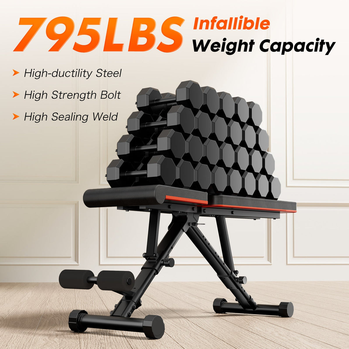 Adjustable fitness bench for home gyms with stacked dumbbells and black frame by UpTrend Deals on Tampa Home & Garden Store