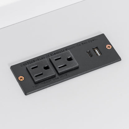 Black electrical outlet strip with USB ports and safety screws on white surface on Tampa Home & Garden Store
