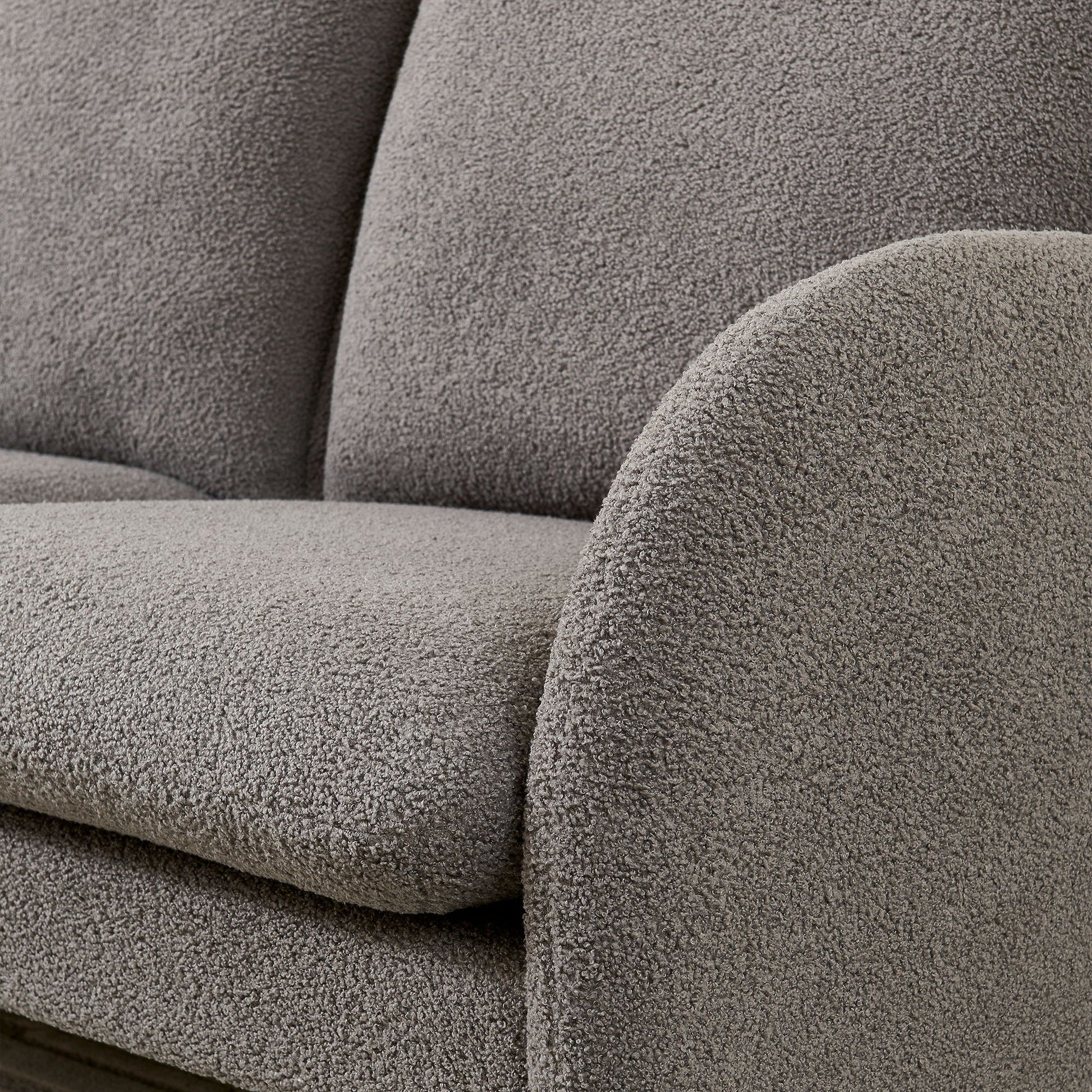Loveseat sofa with plush sherpa fabric upholstery in taupe; close-up texture on Tampa Home & Garden Store