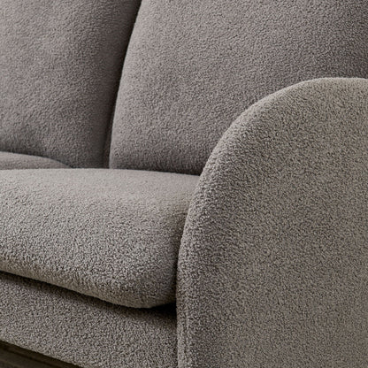 Loveseat sofa with plush sherpa fabric upholstery in taupe; close-up texture on Tampa Home & Garden Store