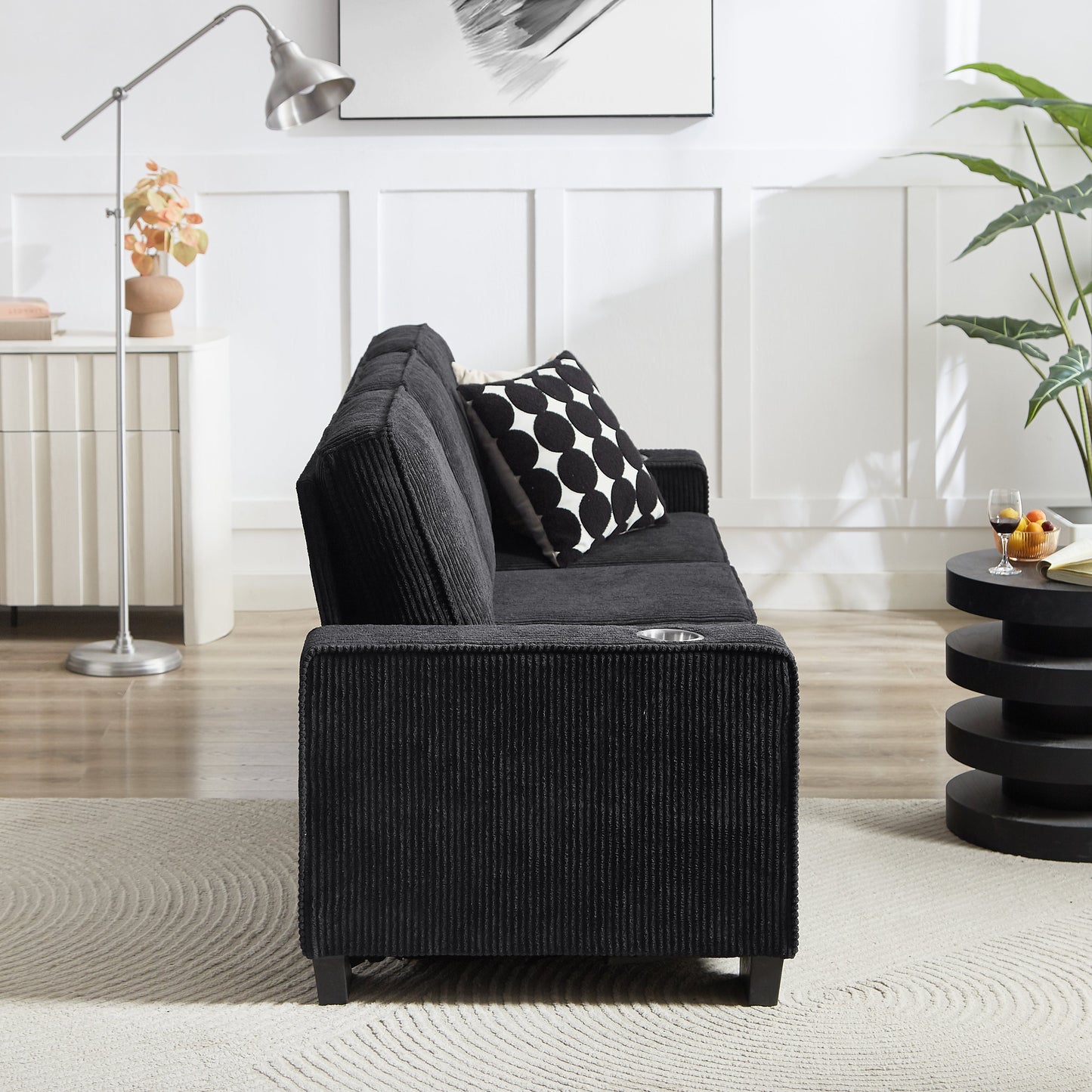 Modern Corduroy 3-Seater Sofa HouseOfZazla dark charcoal ribbed upholstery with accent pillow on Tampa Home & Garden Store