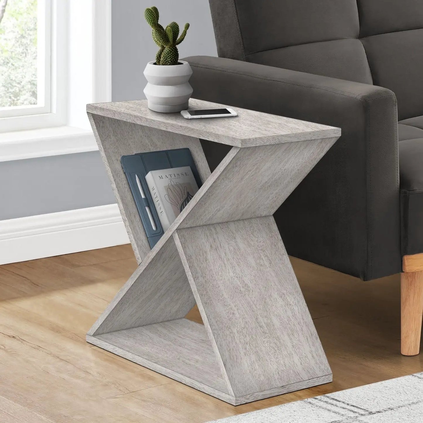 Accent Side Table with contemporary weathered gray wood finish and geometric X-base on Tampa Home & Garden Store