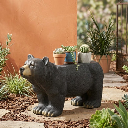 MGO Bear Bench concrete outdoor statue in dark gray with succulents on its back on Tampa Home & Garden Store