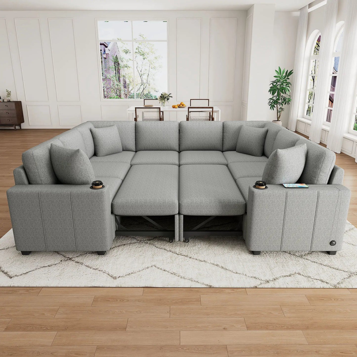 Modern gray fabric U-shaped sectional sofa with pull-out bed, USB ports, and cup holders on Tampa Home & Garden Store