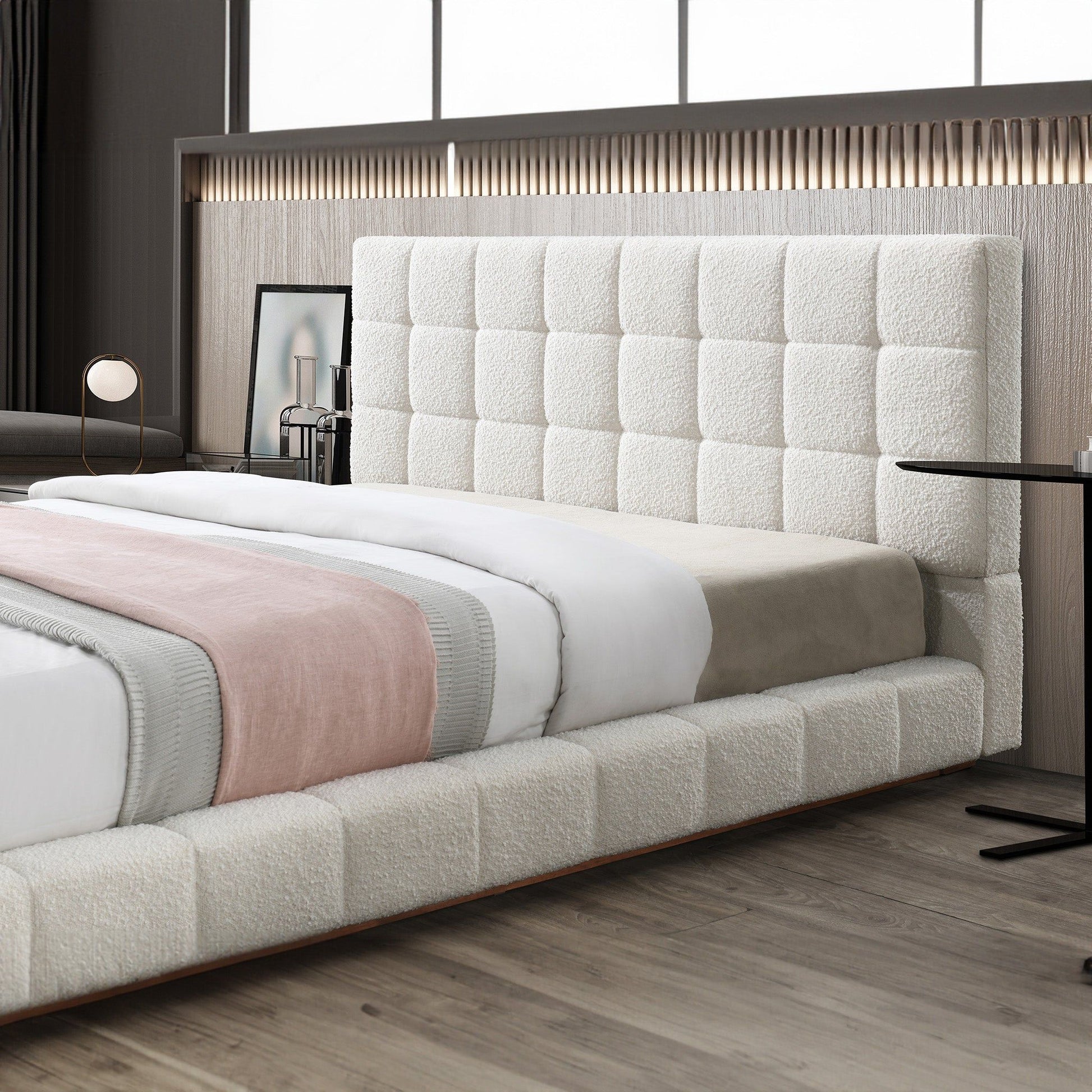 Hudson Elegant Design Bed upholstered in off-white boucle with tufted headboard by HouseOfZazla on Tampa Home & Garden Store