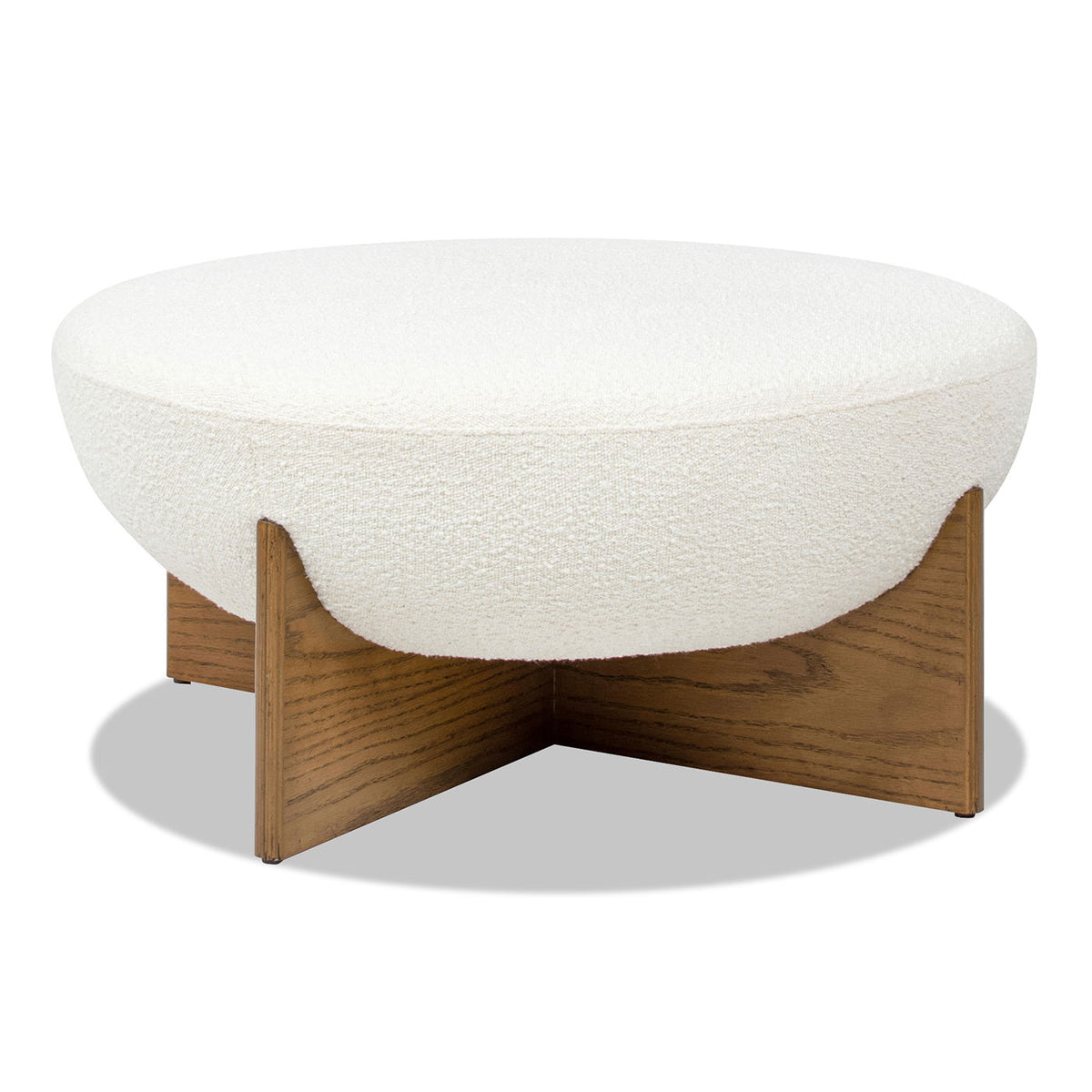 Round white upholstered storage ottoman with handmade artisanal wooden base by HouseOfZazla on Tampa Home & Garden Store