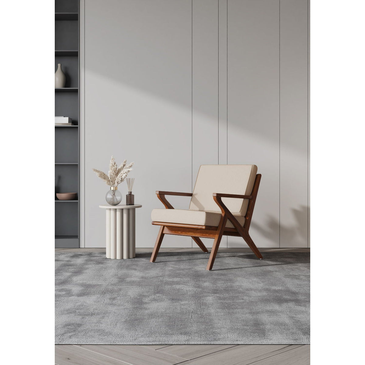 Martelle Accent Armchair with beige fabric upholstery and wood arms in a modern living room on Tampa Home & Garden Store