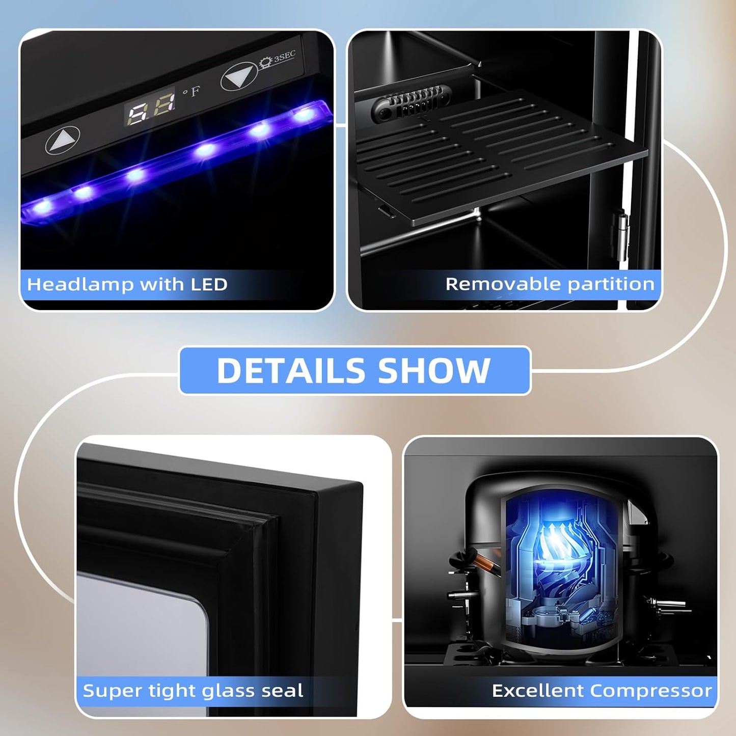 Mini refrigerador independiente para vinos de 0.6 pies cúbicos, con capacidad para 4 botellas de vino tinto y 6 latas de bebidas, compresor silencioso, luz LED y pantalla. 