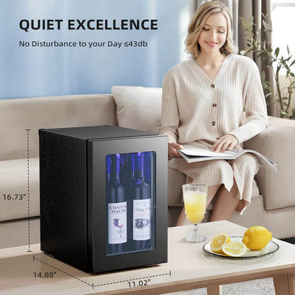 Mini refrigerador independiente para vinos de 0.6 pies cúbicos, con capacidad para 4 botellas de vino tinto y 6 latas de bebidas, compresor silencioso, luz LED y pantalla. 