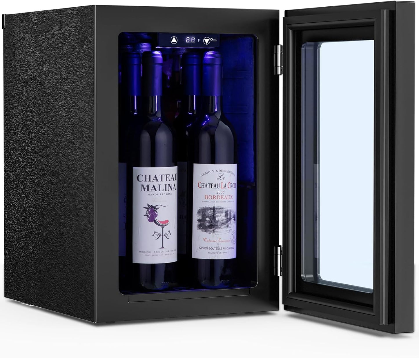 Mini refrigerador independiente para vinos de 0.6 pies cúbicos, con capacidad para 4 botellas de vino tinto y 6 latas de bebidas, compresor silencioso, luz LED y pantalla. 