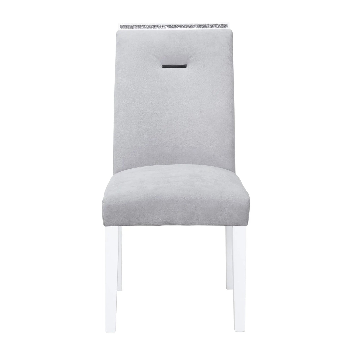 Ariya dining chair in light gray upholstery with crystal trim at the back and white legs on Tampa Home & Garden Store