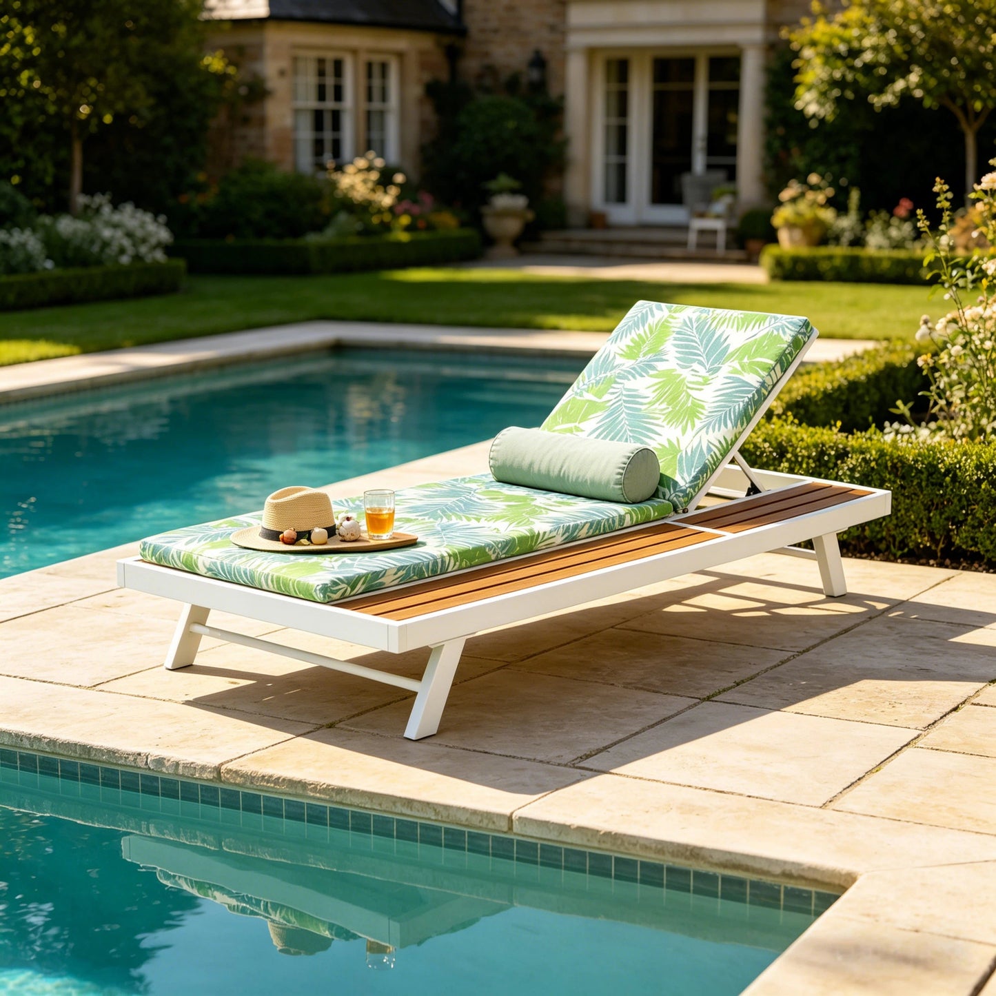 White Iron and Teak Outdoor Chaise Lounge Set