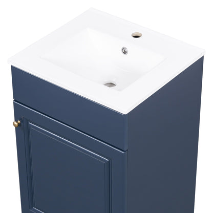 Bathroom vanity with sink, navy blue cabinet, white countertop, brass knobs on Tampa Home & Garden Store