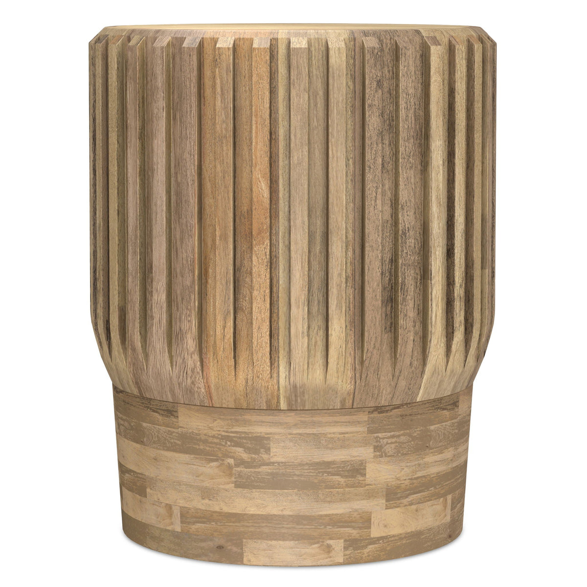 Lyall Side Table with Fluted Design in light brown wood finish, round base and top, HouseOfZazla on Tampa Home & Garden Store
