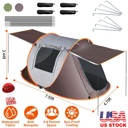 GemGear 3-4 Person Pop-Up Camping Tent with 2 mosquito net windows, waterproof fabric, auto-setup on Tampa Home & Garden Store