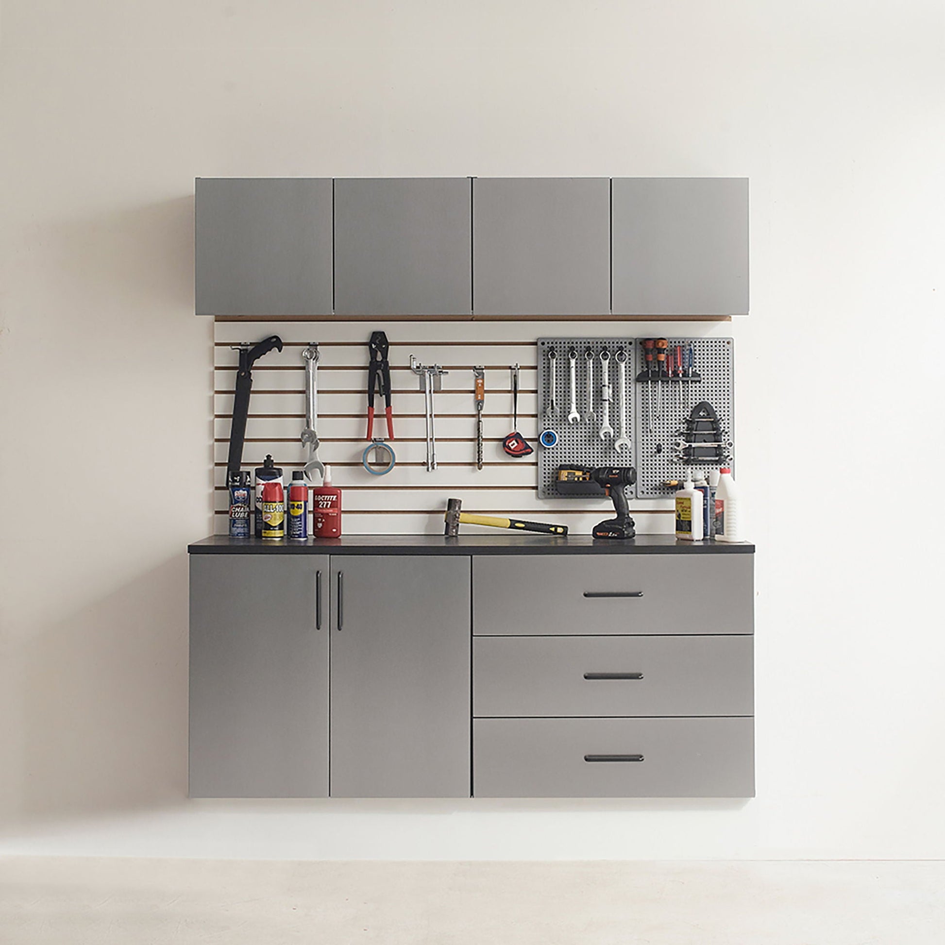 Astro Series wall mounted base drawer cabinet in metallic gray with soft closing drawers on Tampa Home & Garden Store