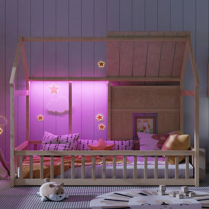 House Floor Bed With 7 Color LED Light Bookshelf