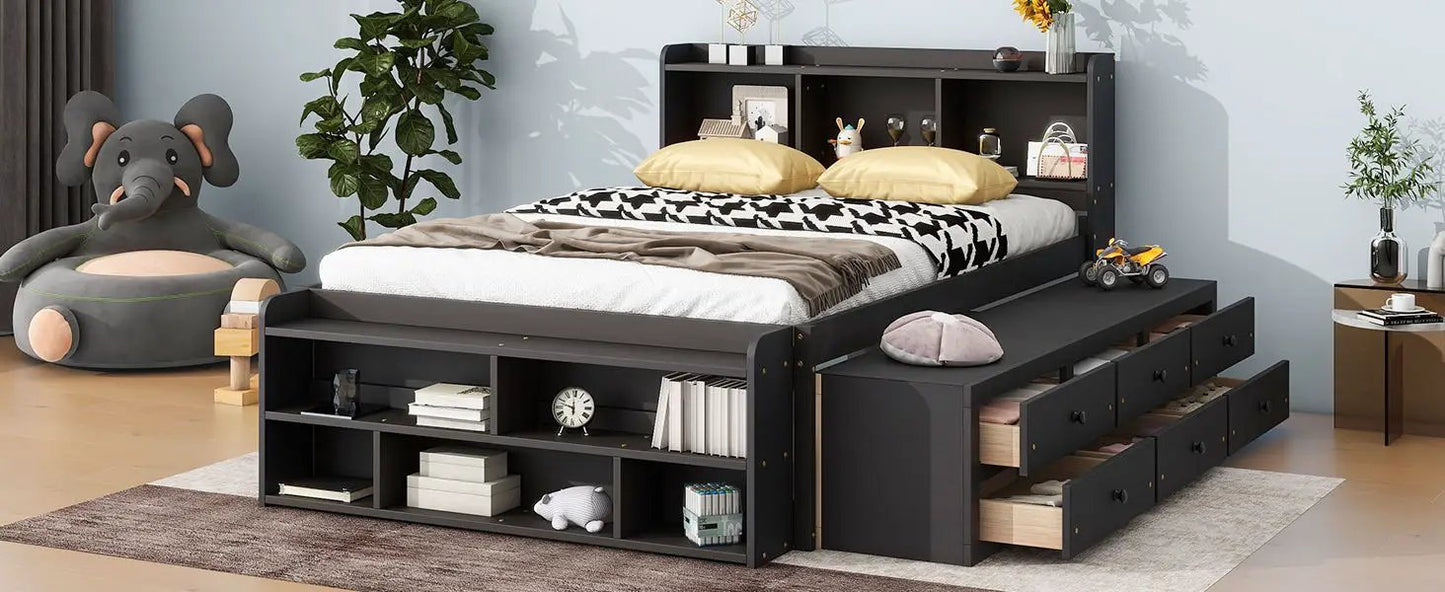 Bed With Bookcase Headboard and Under Bed Storage