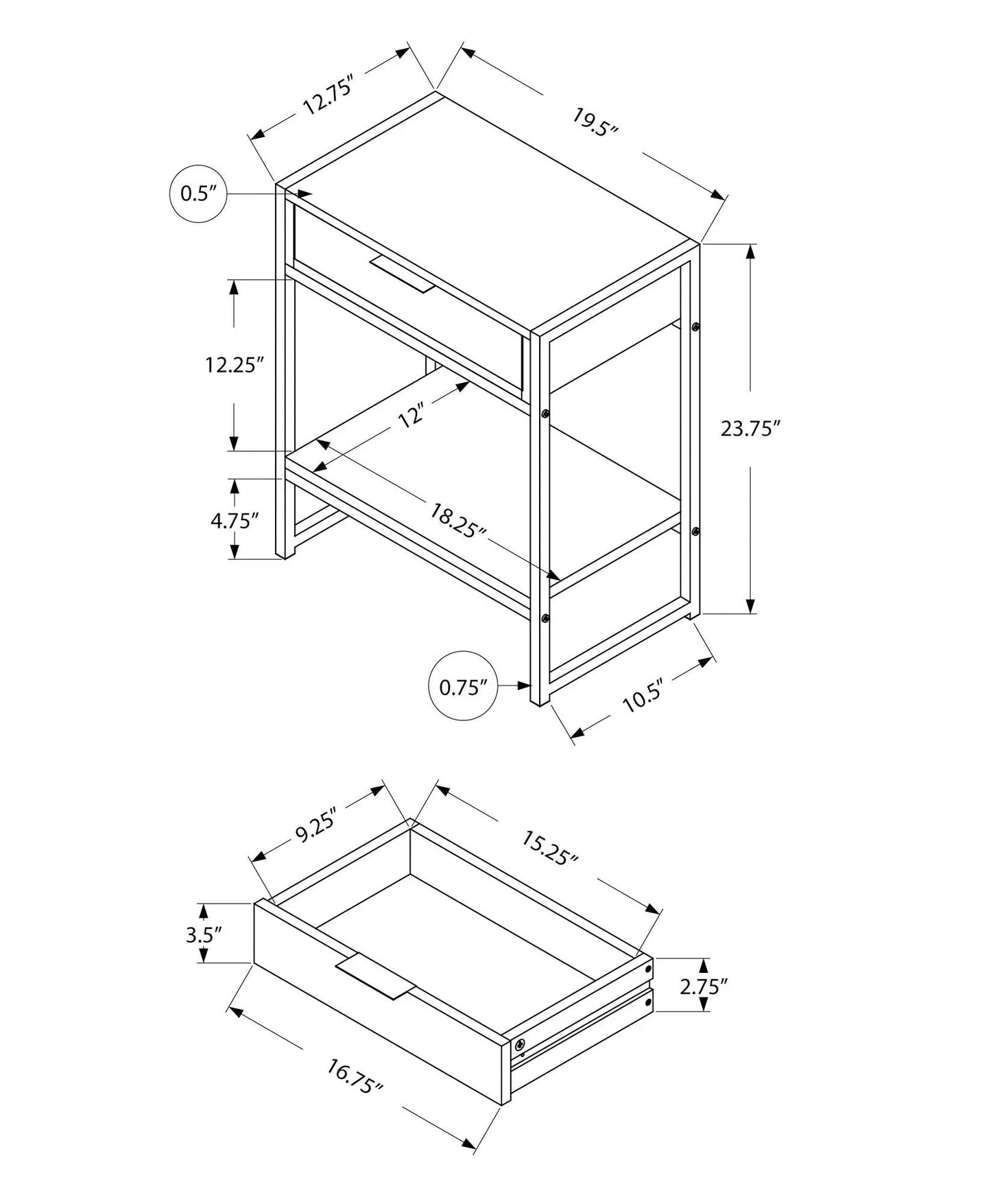Accent Side Table with Drawer and lower shelf, blueprint diagram, Unique Piece Furniture on Tampa Home & Garden Store