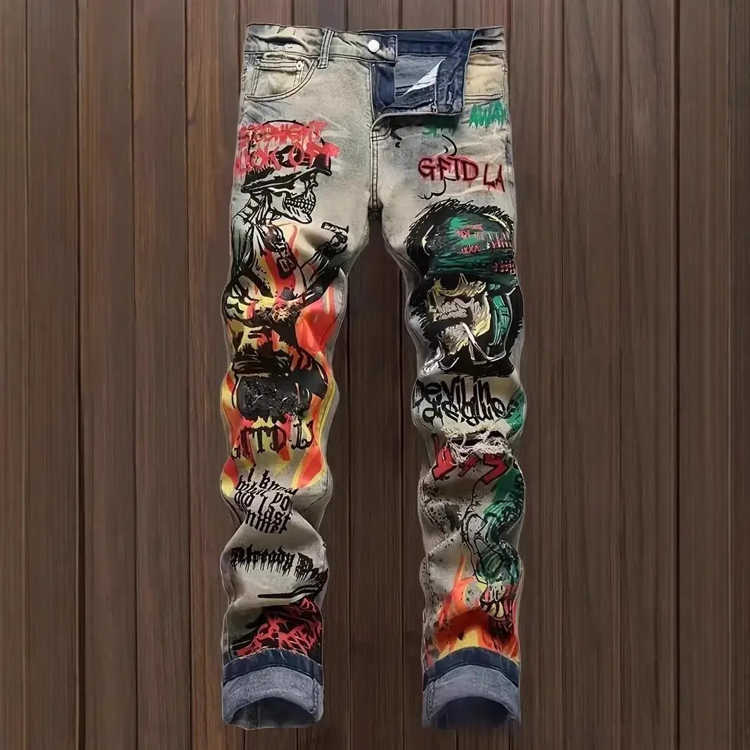 Slim-fit stretch ripped embroidered vintage patch jeans FLIPSTYLEZLLC graffiti denim on Tampa Home & Garden Store
