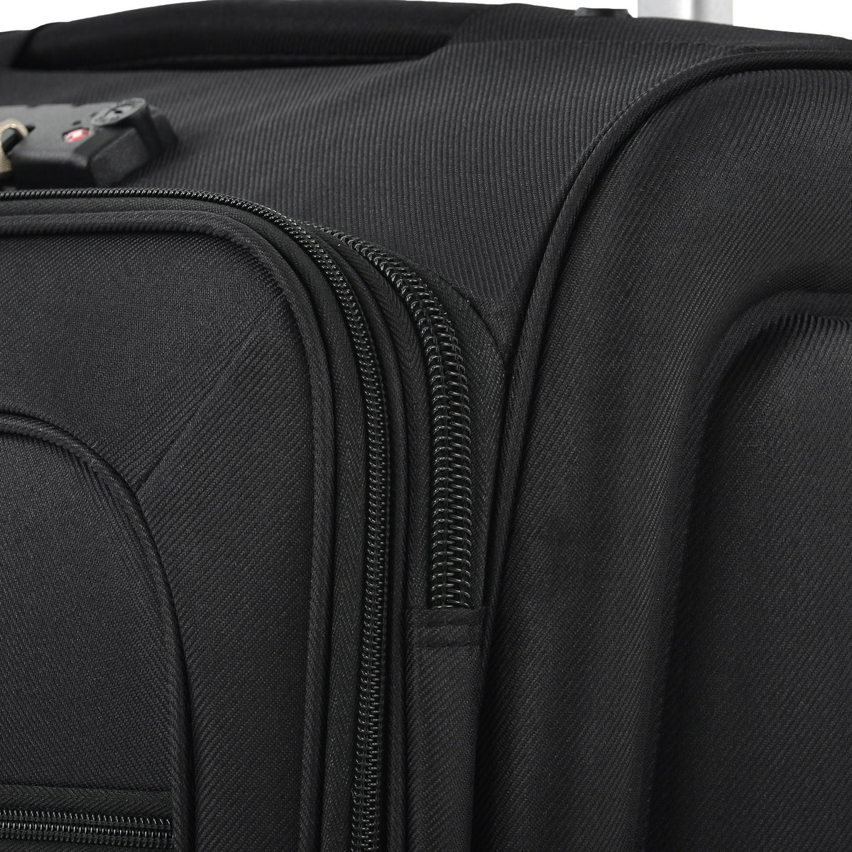 Softside luggage close-up in black fabric with metal zippers and lock HouseOfZazla on Tampa Home & Garden Store