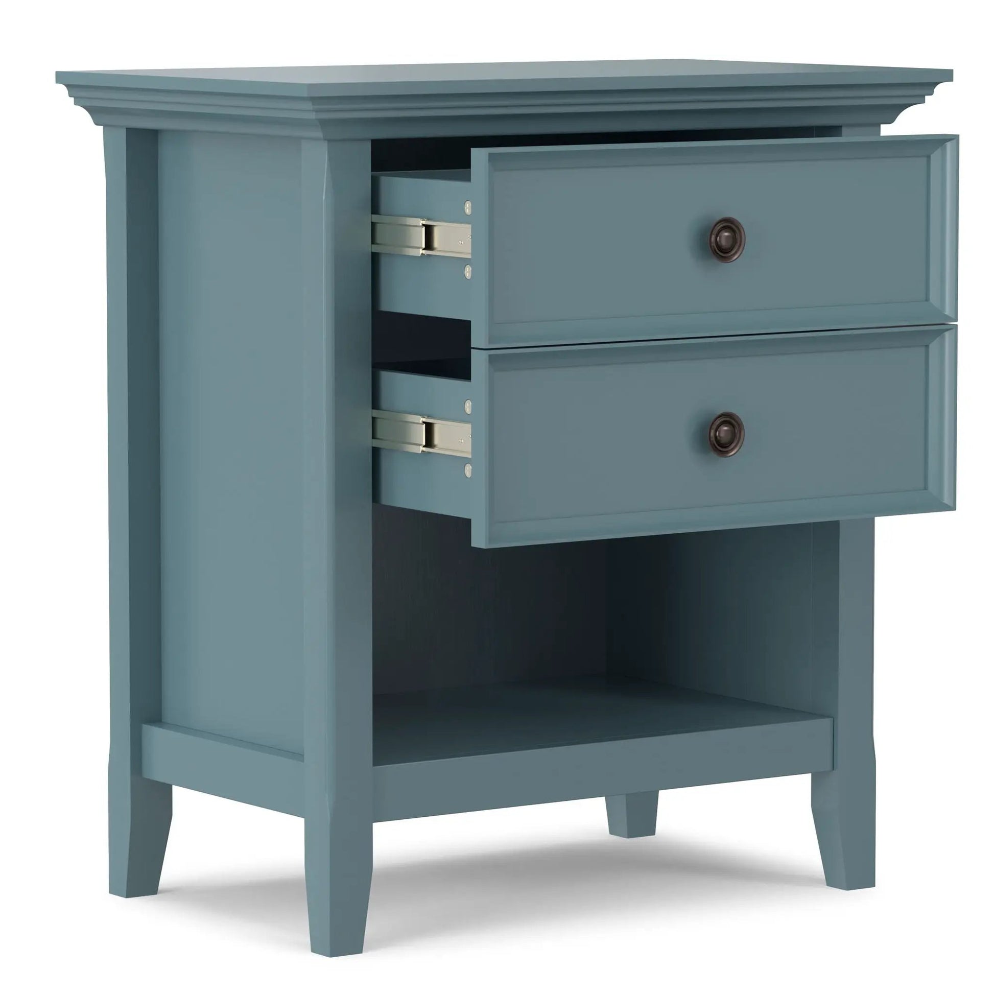 Amherst bedside table handcrafted teal blue wood with crown molding and metal knob pulls on Tampa Home & Garden Store