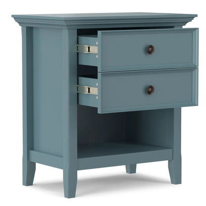 Amherst bedside table handcrafted teal blue wood with crown molding and metal knob pulls on Tampa Home & Garden Store