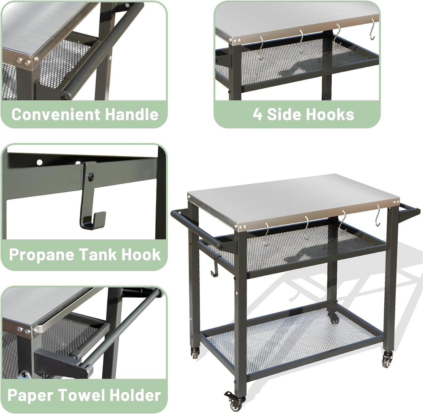 Stainless 3 Shelf Grill Table with Wheels