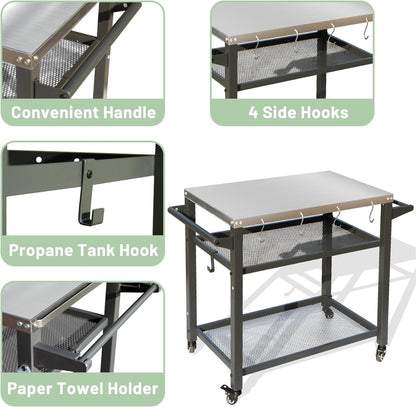 Stainless 3 Shelf Grill Table with Wheels