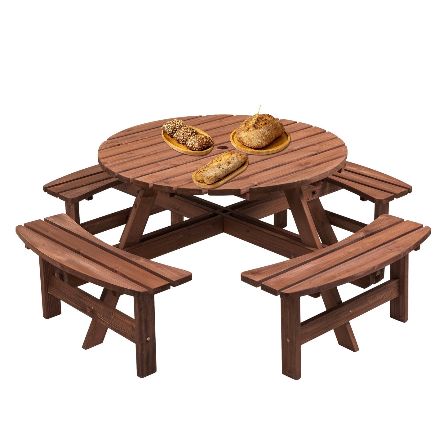 8-person wooden picnic table outdoor dining set with attached benches brown wood on Tampa Home & Garden Store