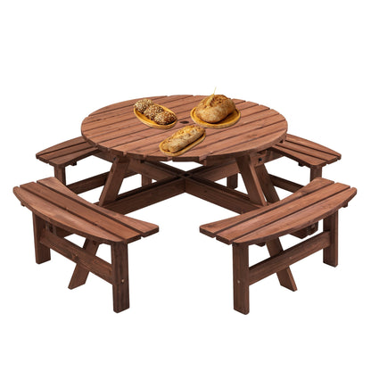 8-person wooden picnic table outdoor dining set with attached benches brown wood on Tampa Home & Garden Store
