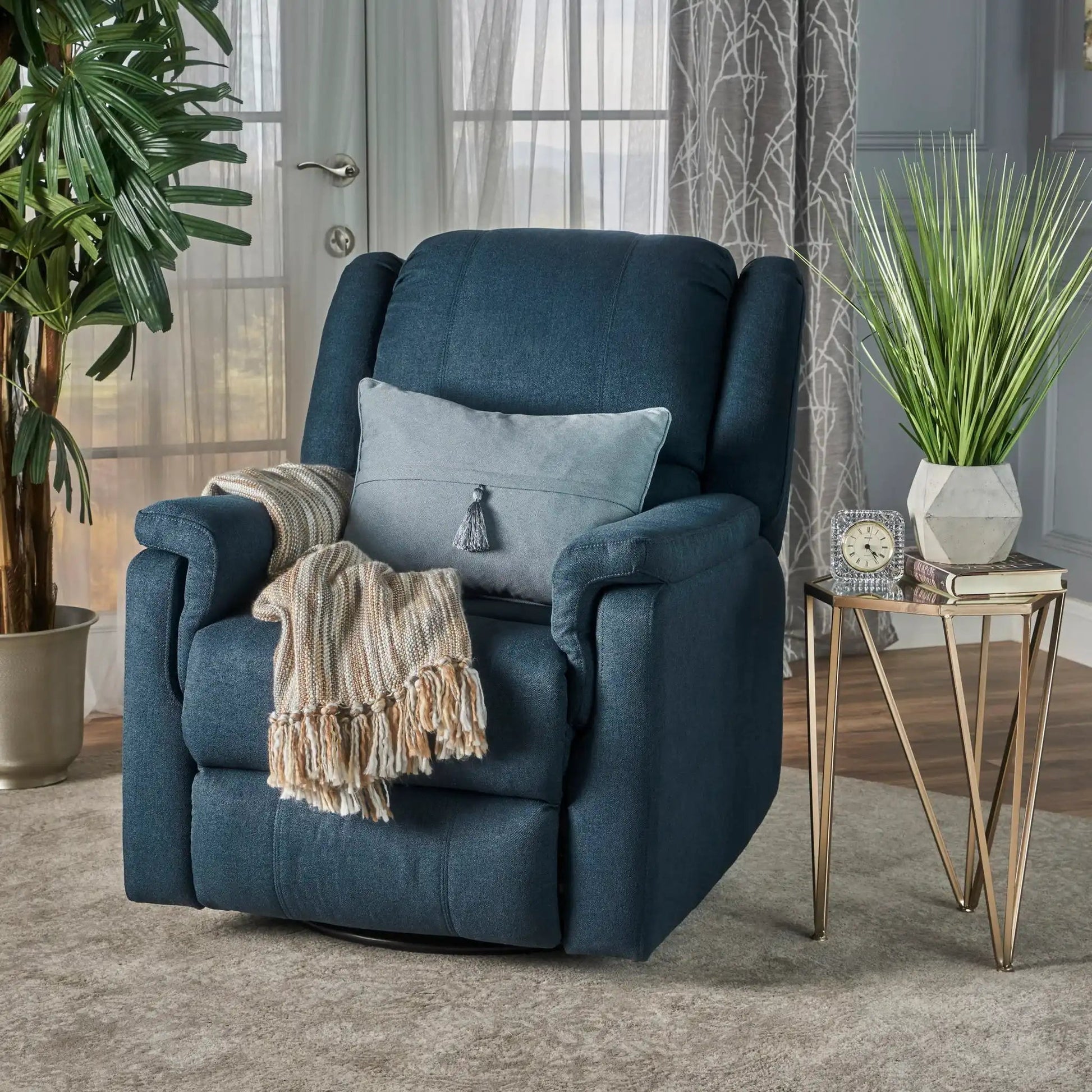 Contemporary blue glider recliner chair with swivel function in fabric upholstery on Tampa Home & Garden Store