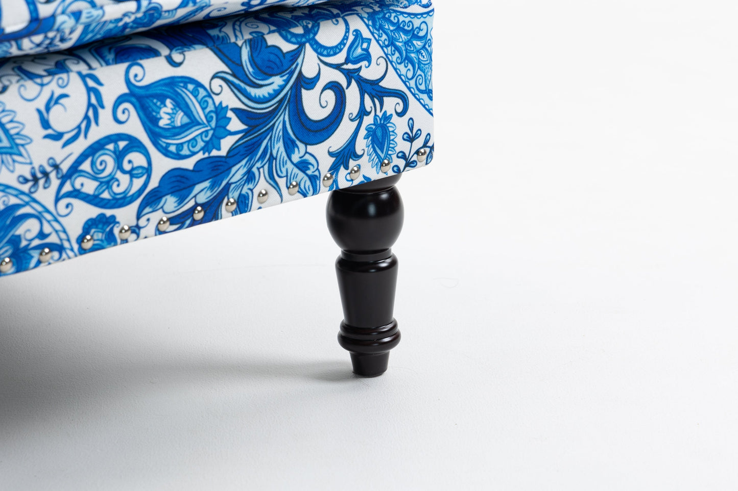 Upholstered accent chair blue porcelain print linen fabric and dark wood leg on Tampa Home & Garden Store