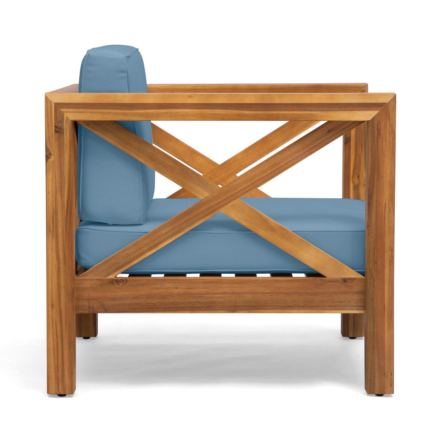 Brava Midcentury Club Chair with blue water-resistant cushions, outdoor arm chair by HouseOfZazla on Tampa Home & Garden Store