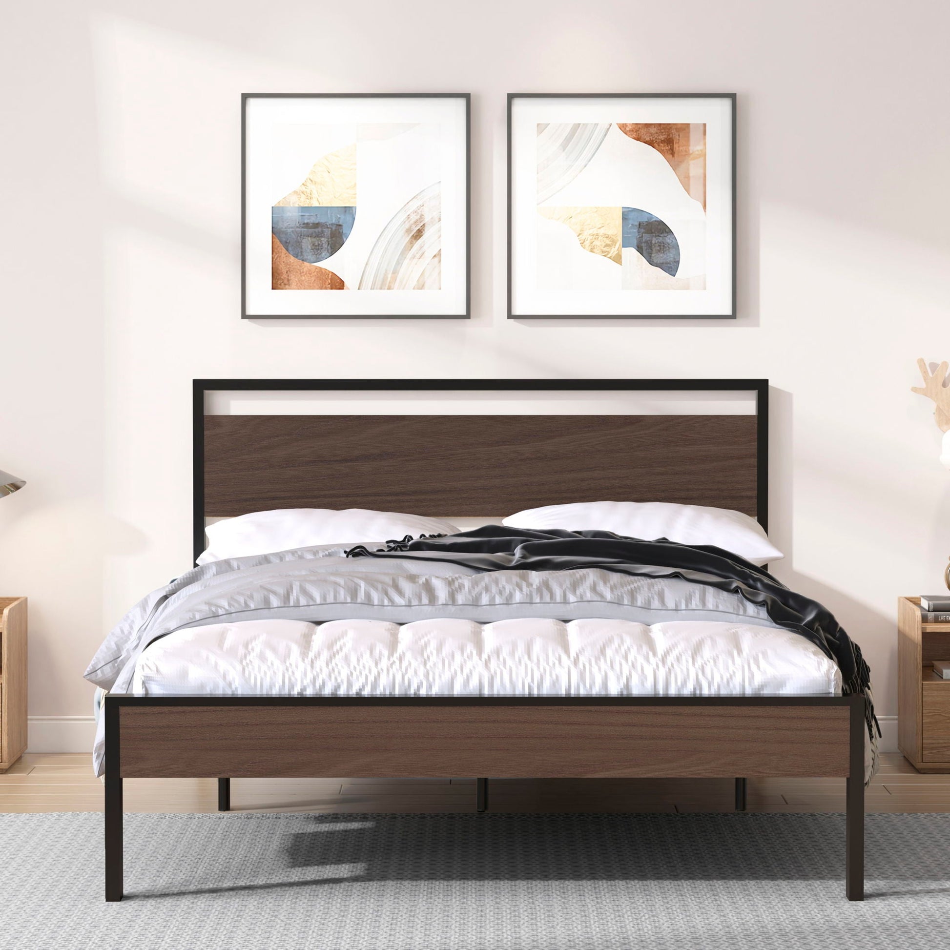 Ceres metal bed with wood headboard/footboard, dark brown, black metal legs by HouseOfZazla on Tampa Home & Garden Store