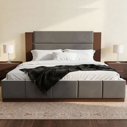 Modern upholstered platform bed with extended grey headboard and dark wood base, bedding on Tampa Home & Garden Store