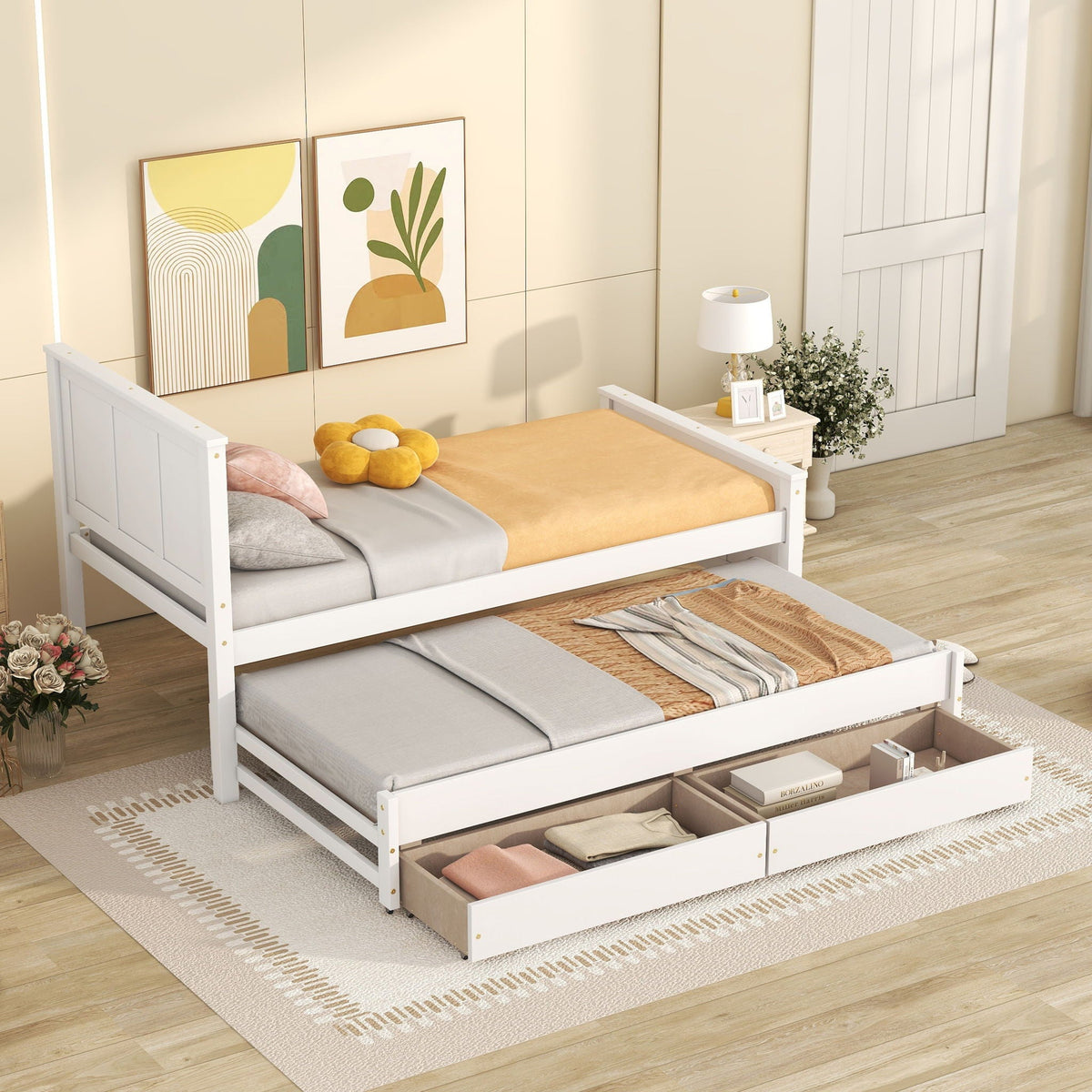White platform bed with built-in trundle and drawers by HouseOfZazla in a modern bedroom on Tampa Home & Garden Store