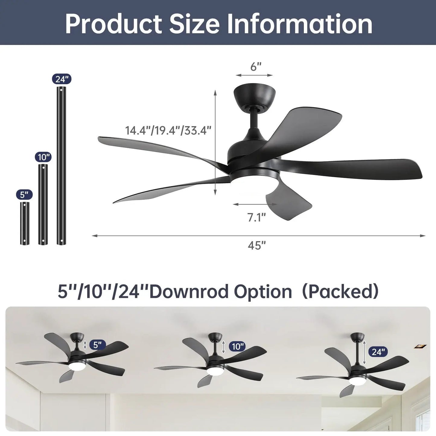 Ceiling fan with DC motor in black, 5-blade by Unique Piece Furniture with 5/10/24 in downrods on Tampa Home & Garden Store